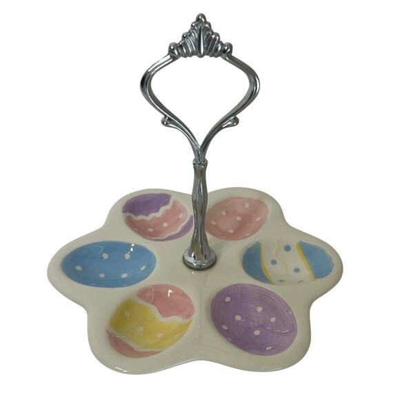 Easter Egg Tray Colorful Ceramic Platter Holds Six Dyed Eggs Silver Tone Handle - Picture 4 of 7